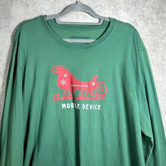 Life Is Good Crusher Tee Shirt Mens 2XL Green Santa Sleigh Mobile Device Holiday - Picture 6 of 12